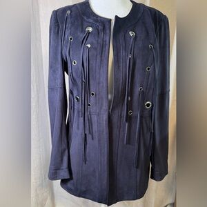 Lena Gabrielle Faux Suede Grommet Fringe Jacket – Navy, Size 12